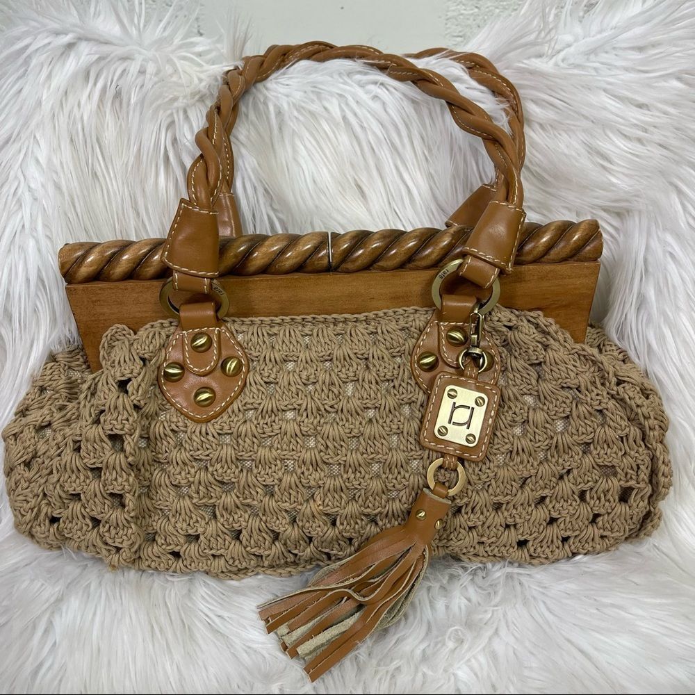 NEW Rafe New York Tan Woven Crochet Braided Tassel Wooden Closure Shoulder Bag